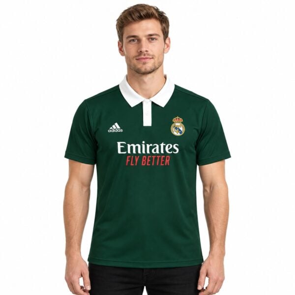 rm-dark-green-polo-1 - UAE SPORT STORE Real Madrid away kit jersey with green shirt and white collar.
