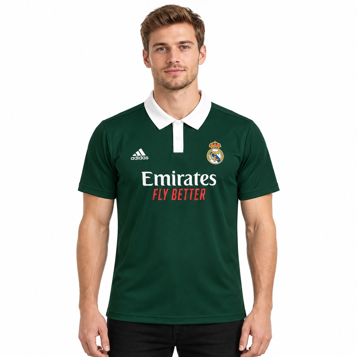 rm-dark-green-polo-1 - UAE SPORT STORE Model front view of a green Real Madrid polo with white collar.