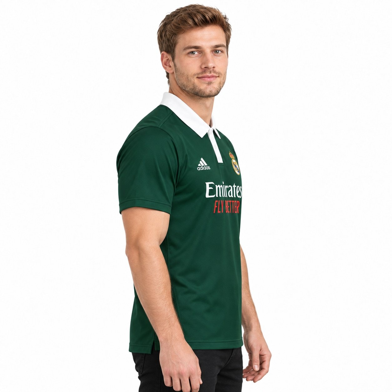 rm-dark-green-polo-3 - UAE SPORT STORE Model side view of a green Real Madrid polo with white collar.