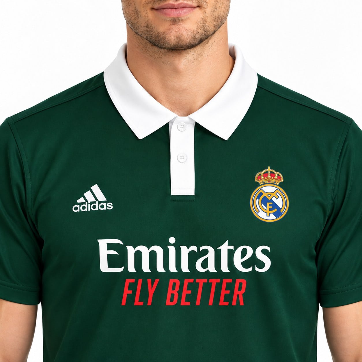 rm-dark-green-polo-5 - UAE SPORT STORE Collar and chest detail of a green Real Madrid polo with white collar.