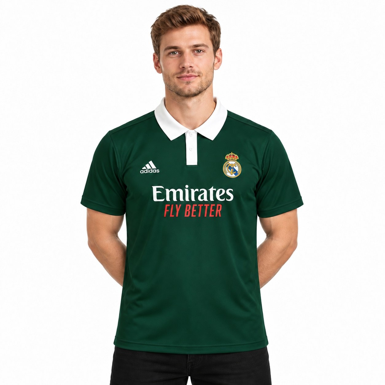 rm-dark-green-polo-6 - UAE SPORT STORE Model front view of a green Real Madrid polo with white collar.
