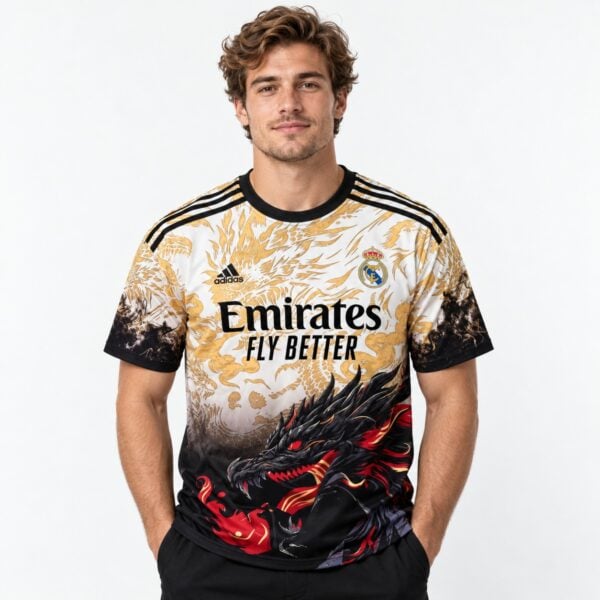 Real Madrid 2023/24 home jersey with black, gold, and red dragon design.