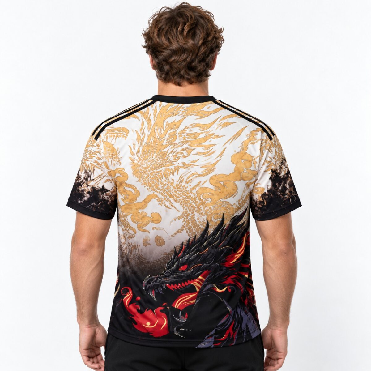 Men's football jersey with dragon design in gold, black, and red colors.