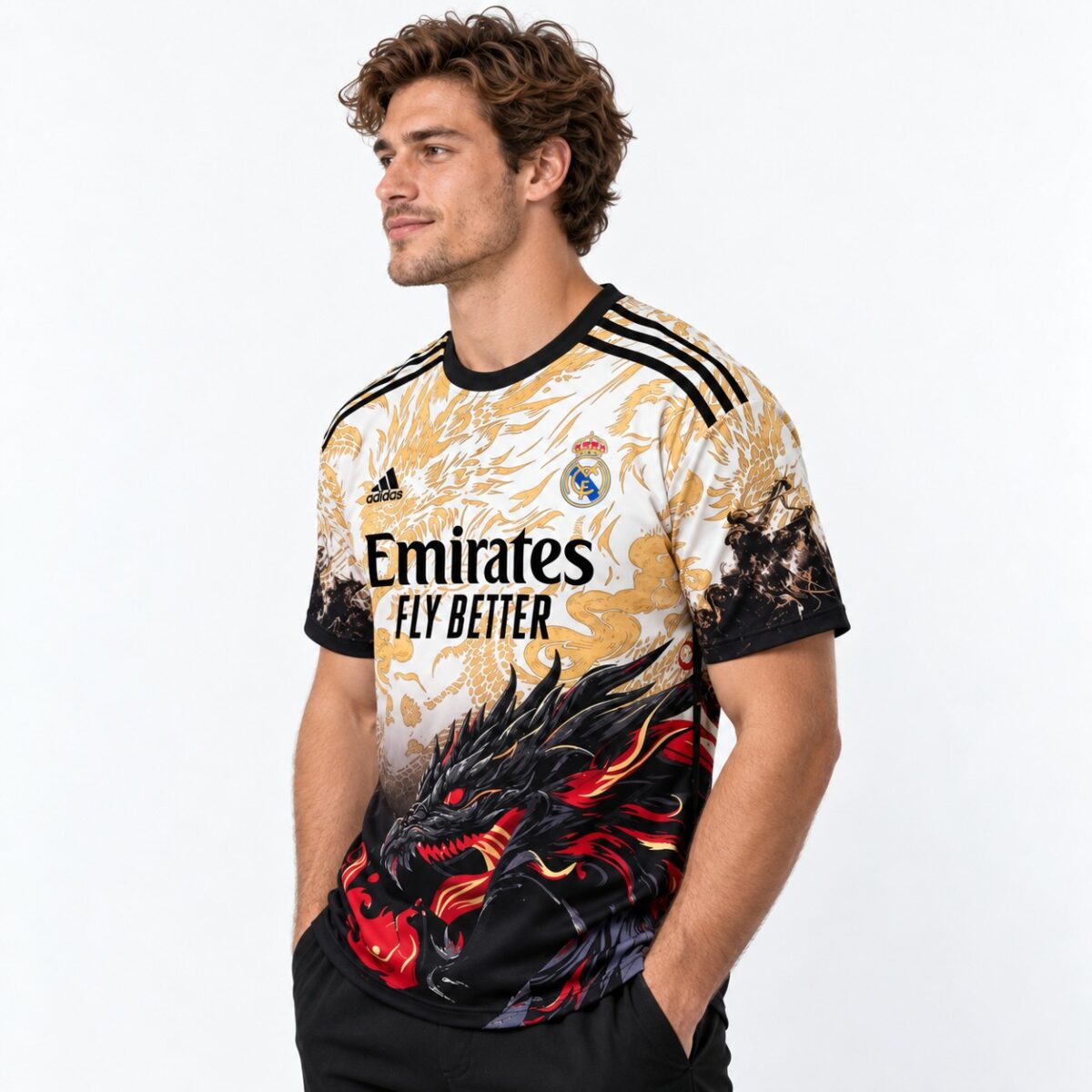 Real Madrid 2023/24 away jersey with dragon design and black, gold, red colors.
