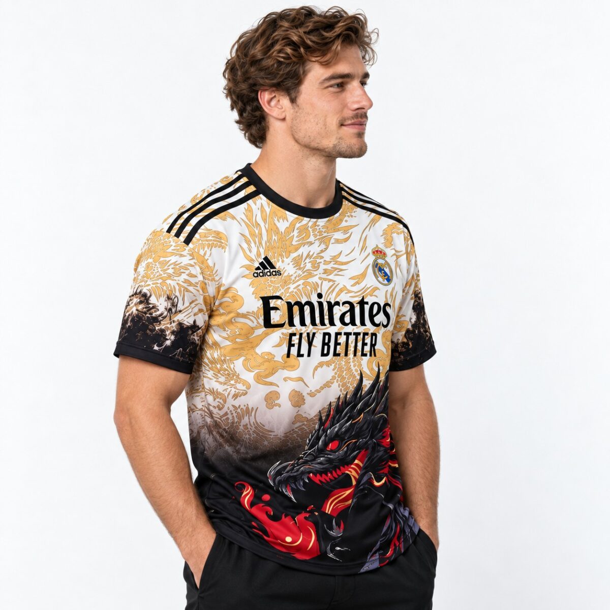 Real Madrid 2023/24 away football jersey with dragon design and black accents.