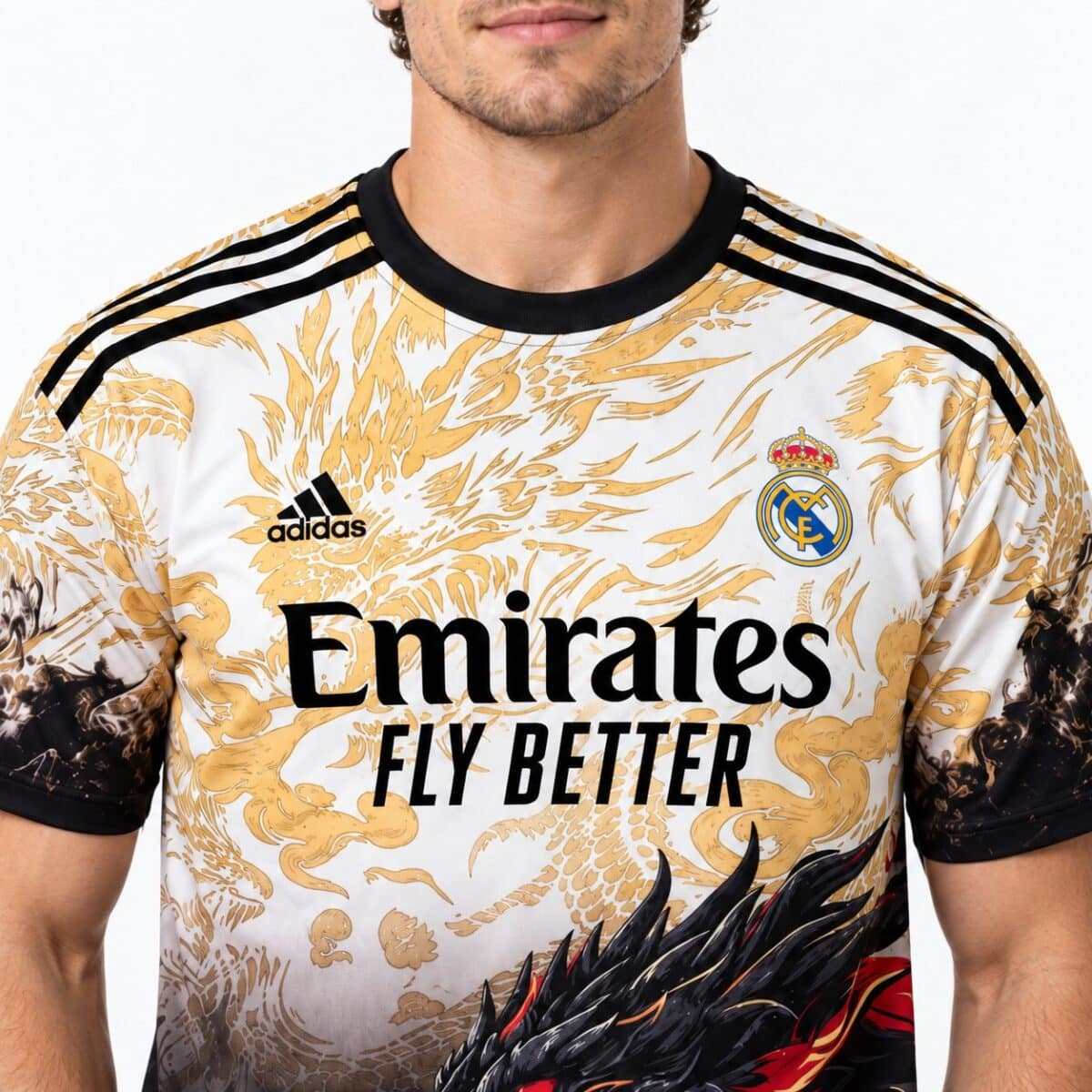 Real Madrid home jersey with gold and black dragon design, season details not visible.