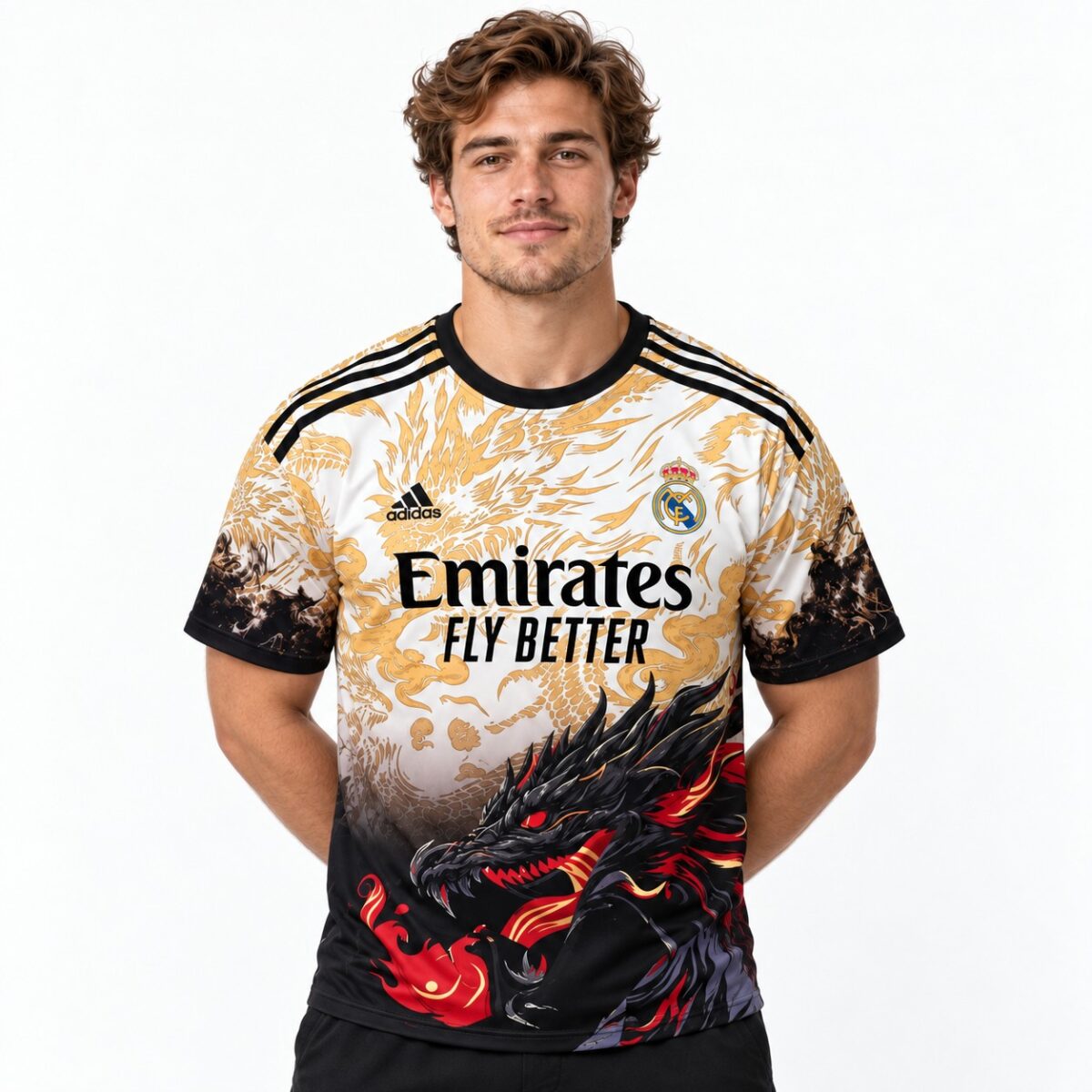 Real Madrid 2023/24 away kit with black, gold, and red dragon design.