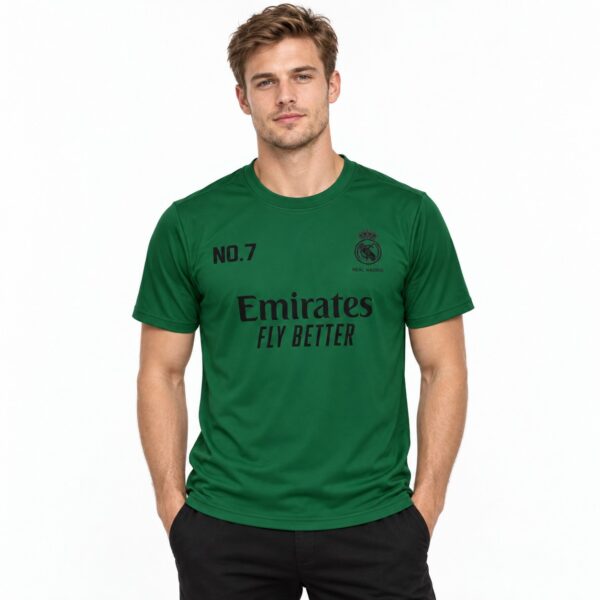 rm-fc-green-shirt-1 - UAE SPORT STORE Green Real Madrid football jersey with sponsor logo and club badge.