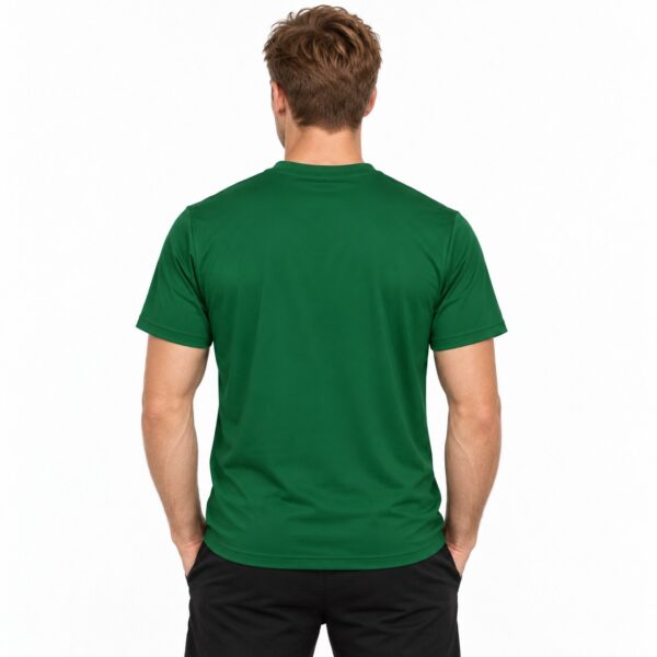 Green plain T-shirt shown from the back on a male model.