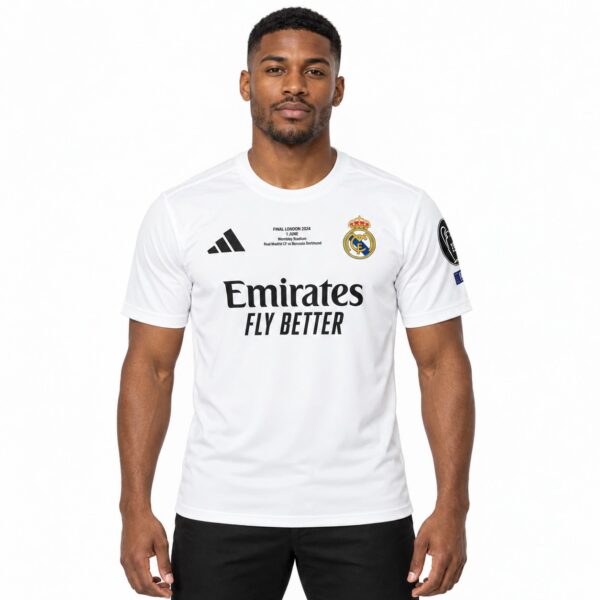 Real Madrid away kit jersey with sponsor and club logos, white color.