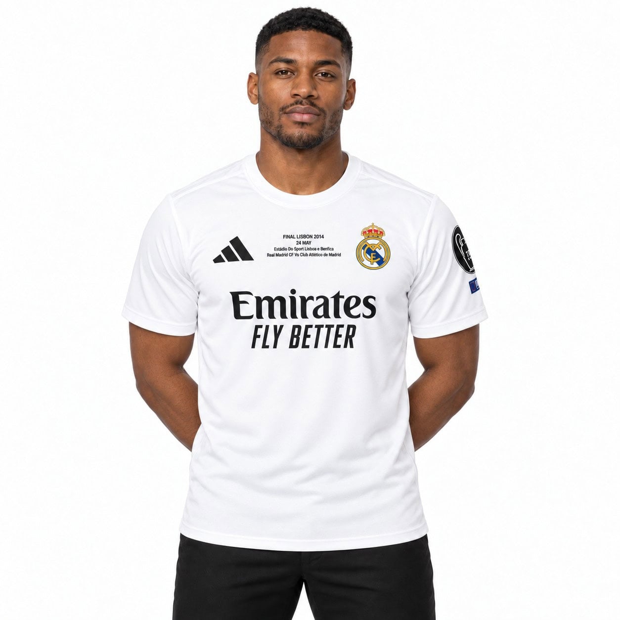 rm-fc-white-shirt-6 - UAE SPORT STORE Front view of the white Real Madrid shirt with crest, small chest inscription, black Emirates lettering and sleeve badges.