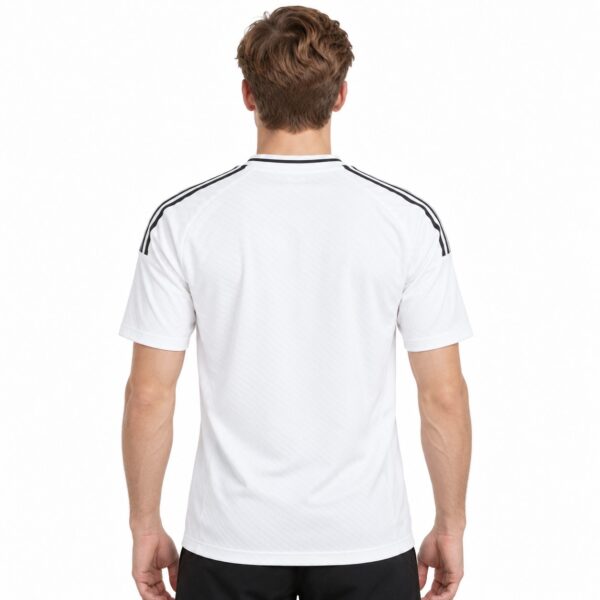 White football jersey with black stripes on shoulders, back view.