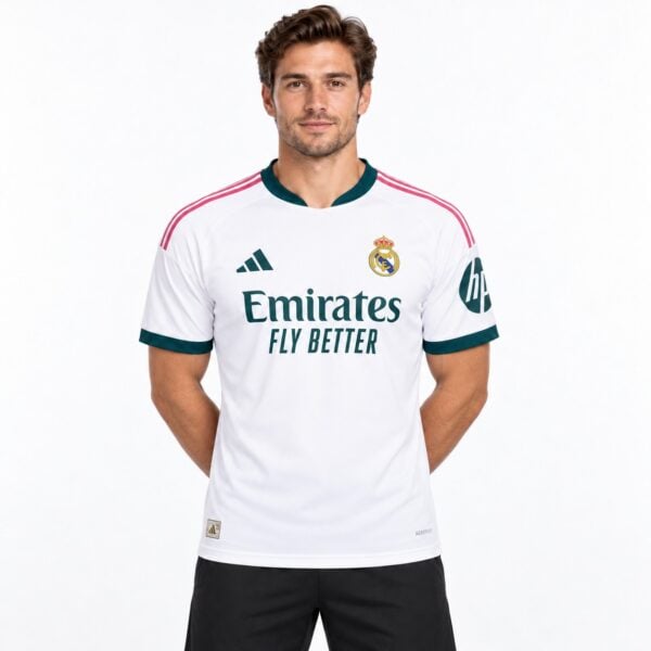 rm-home-player-2026-27-1 - UAE SPORT STORE Real Madrid home football jersey with white, pink, and dark green colors.