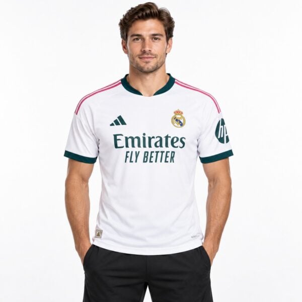Real Madrid home jersey 2023-24 season white with pink and green accents.