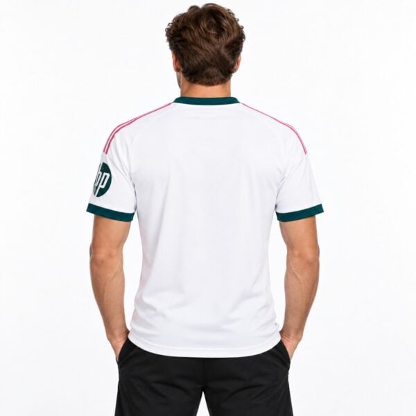 White football jersey with green collar and HP logo on sleeve, back view.