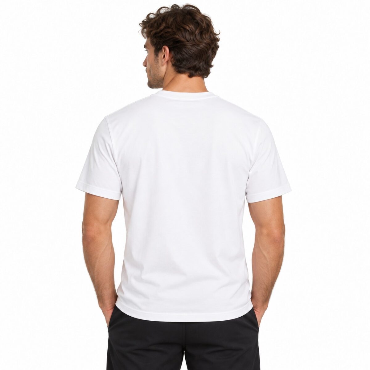 Plain white T-shirt worn by a man, back view, no visible logos or designs.