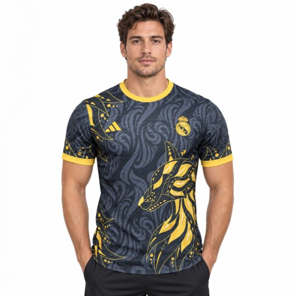 rm-pv-special-black-2425-1 - UAE SPORT STORE Real Madrid football jersey with black and yellow design, club crest, and Adidas logo.
