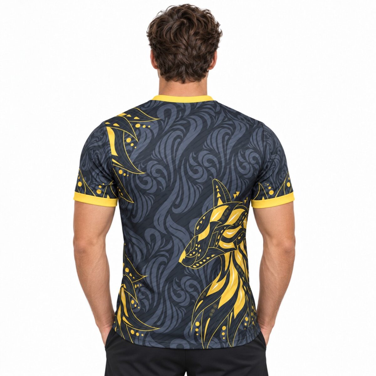 Football jersey with a black and yellow tiger design on the back.