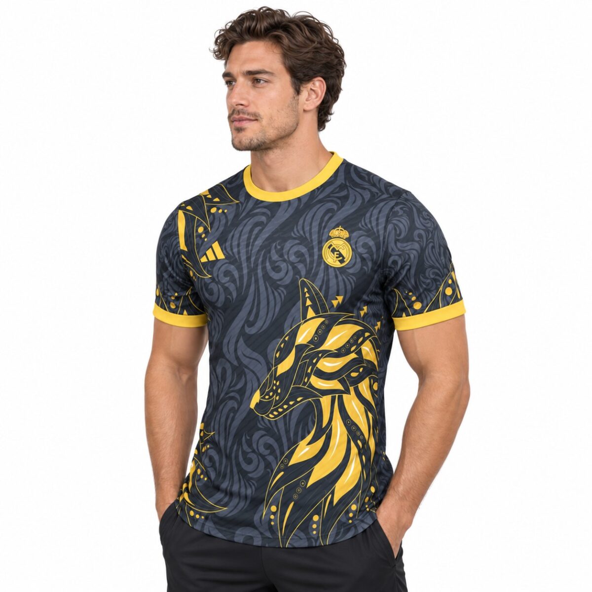 Real Madrid football jersey with a black and yellow lion design, season not specified.