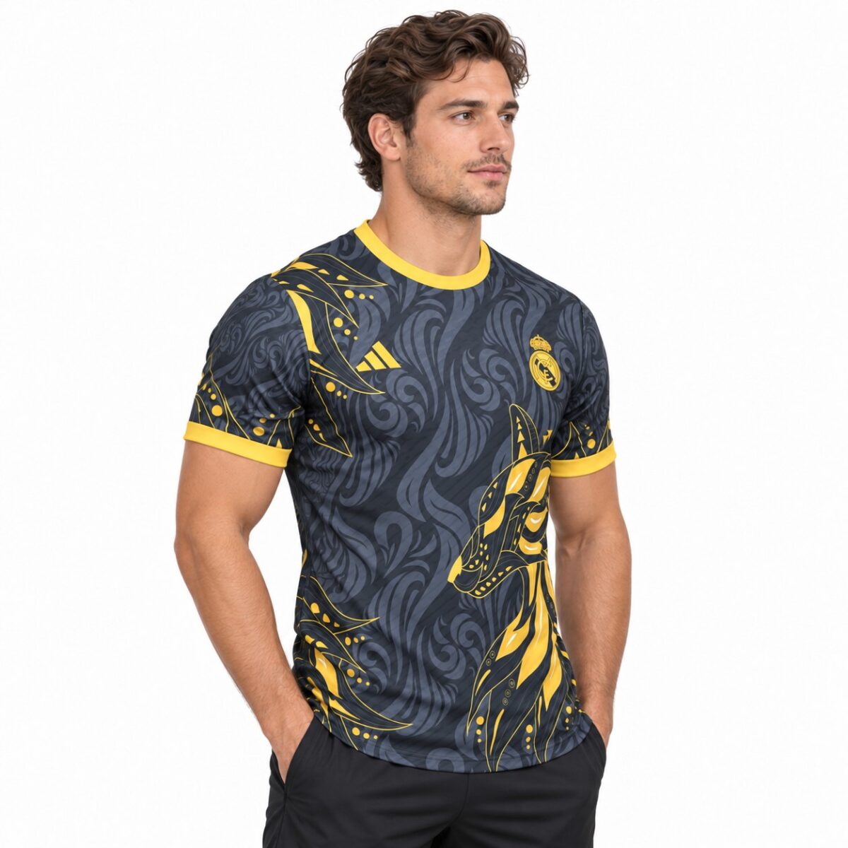 Real Madrid 2023/24 away jersey with navy and yellow design and club crest.