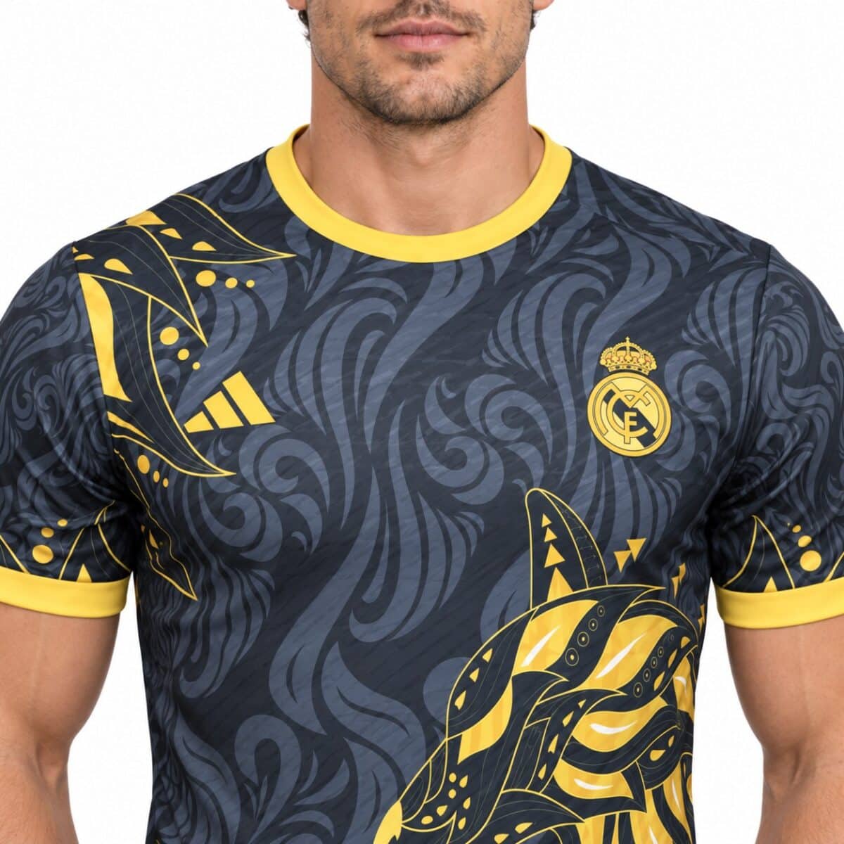 Real Madrid away football jersey with black and gold design and club crest.