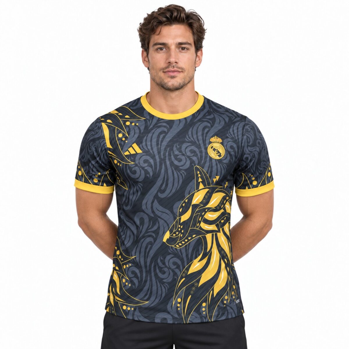 Real Madrid away football jersey with blue and yellow design and club crest.