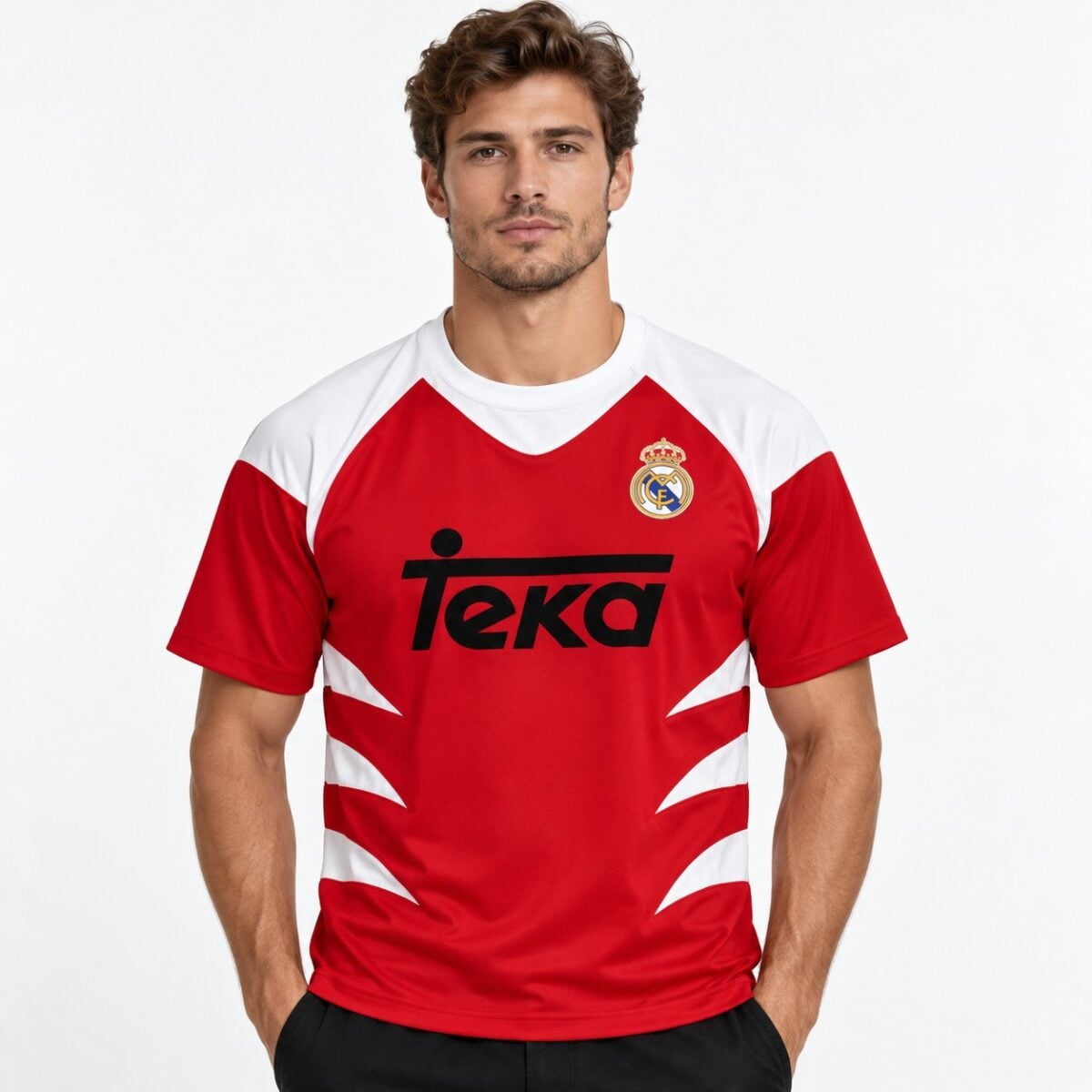 Real Madrid home football jersey with Teka sponsor and club crest, red and white colors.
