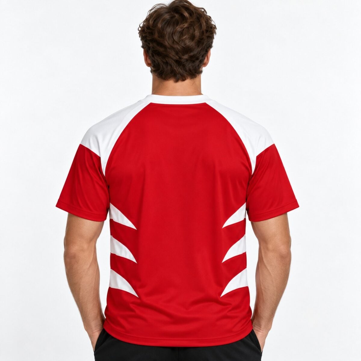 Red and white football jersey with geometric design, back view.