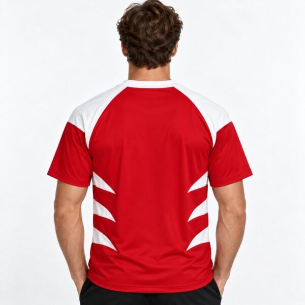 Red and white football jersey with geometric design, back view.
