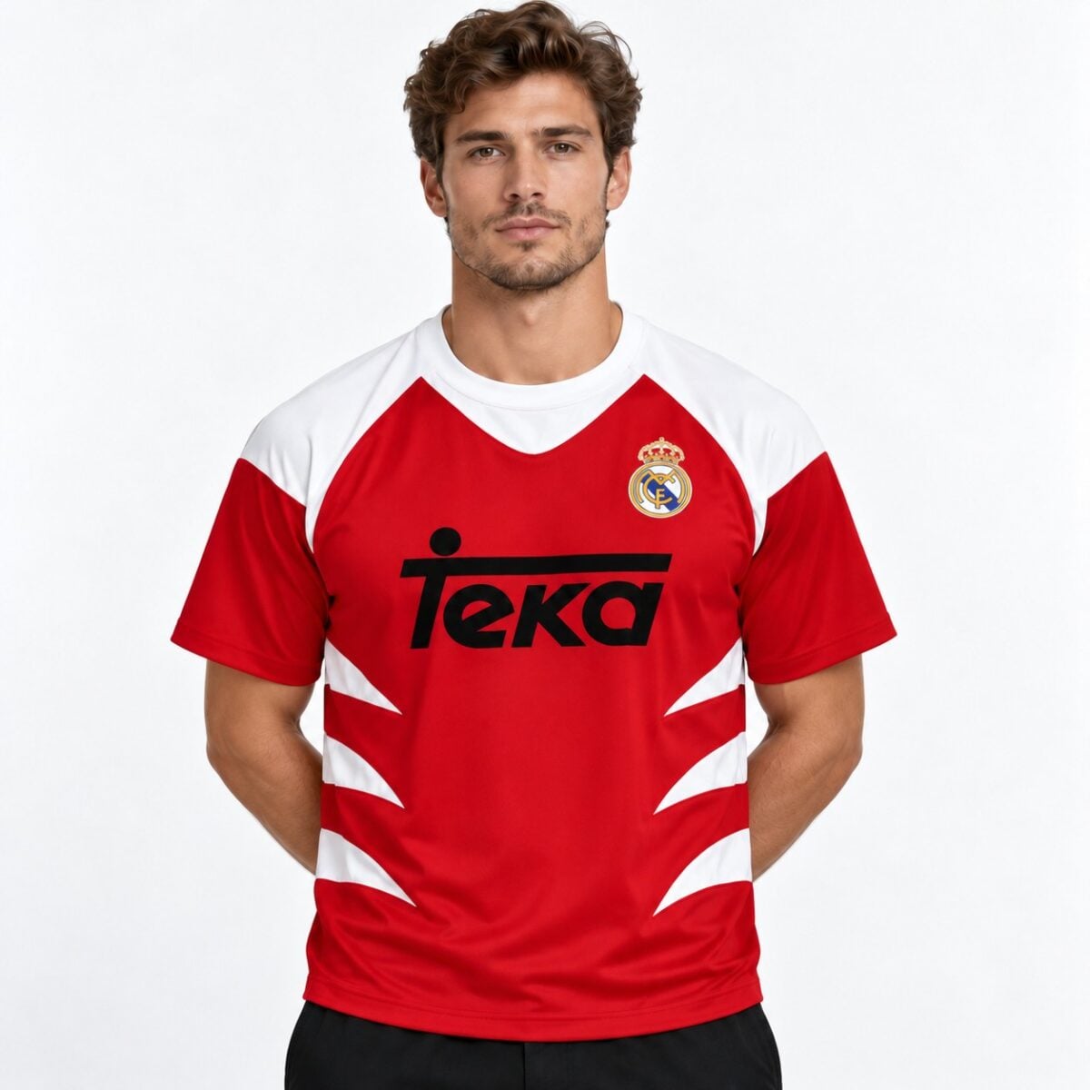 Real Madrid football jersey with Teka sponsor, red and white colors.