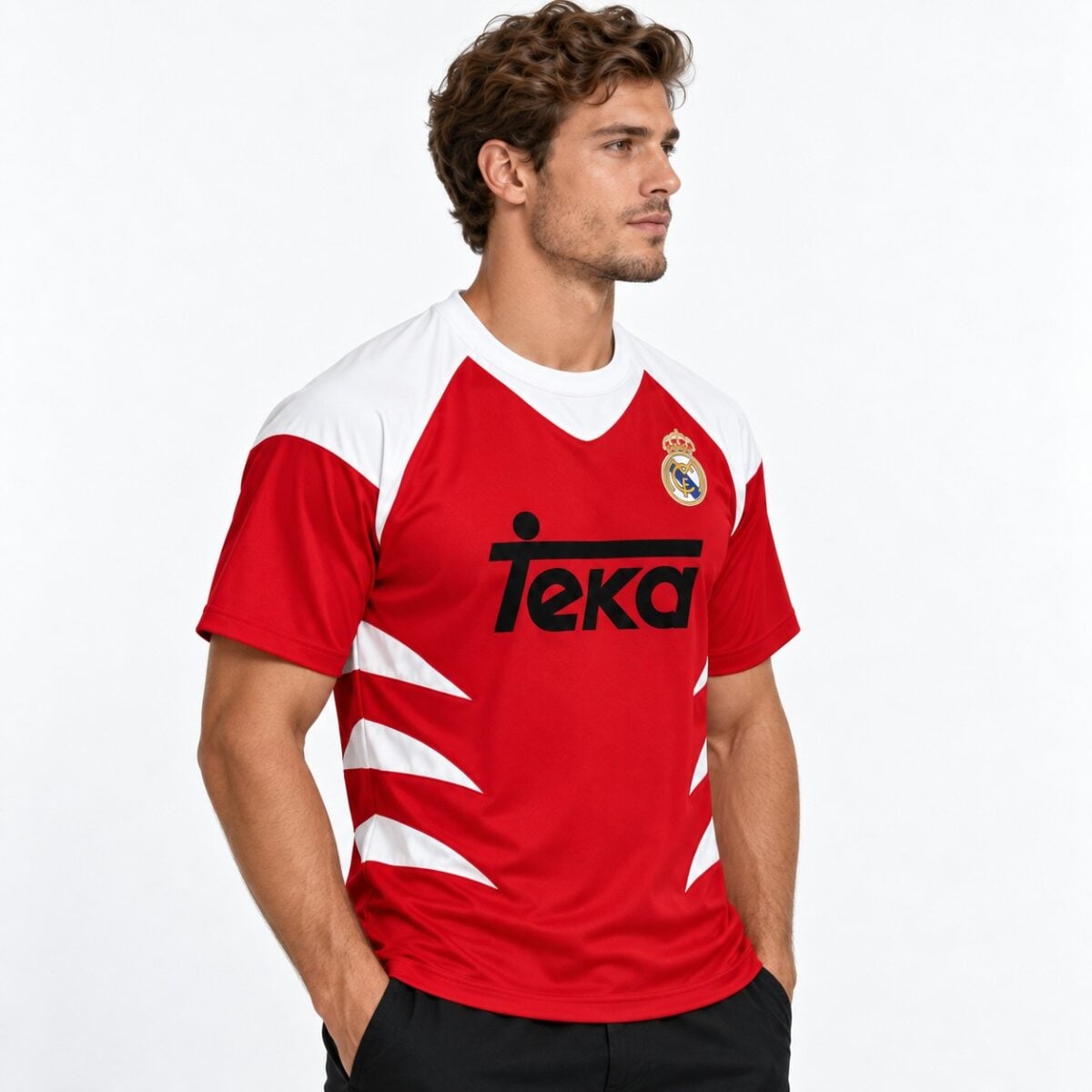Real Madrid away football jersey with red and white design and Teka sponsor logo.