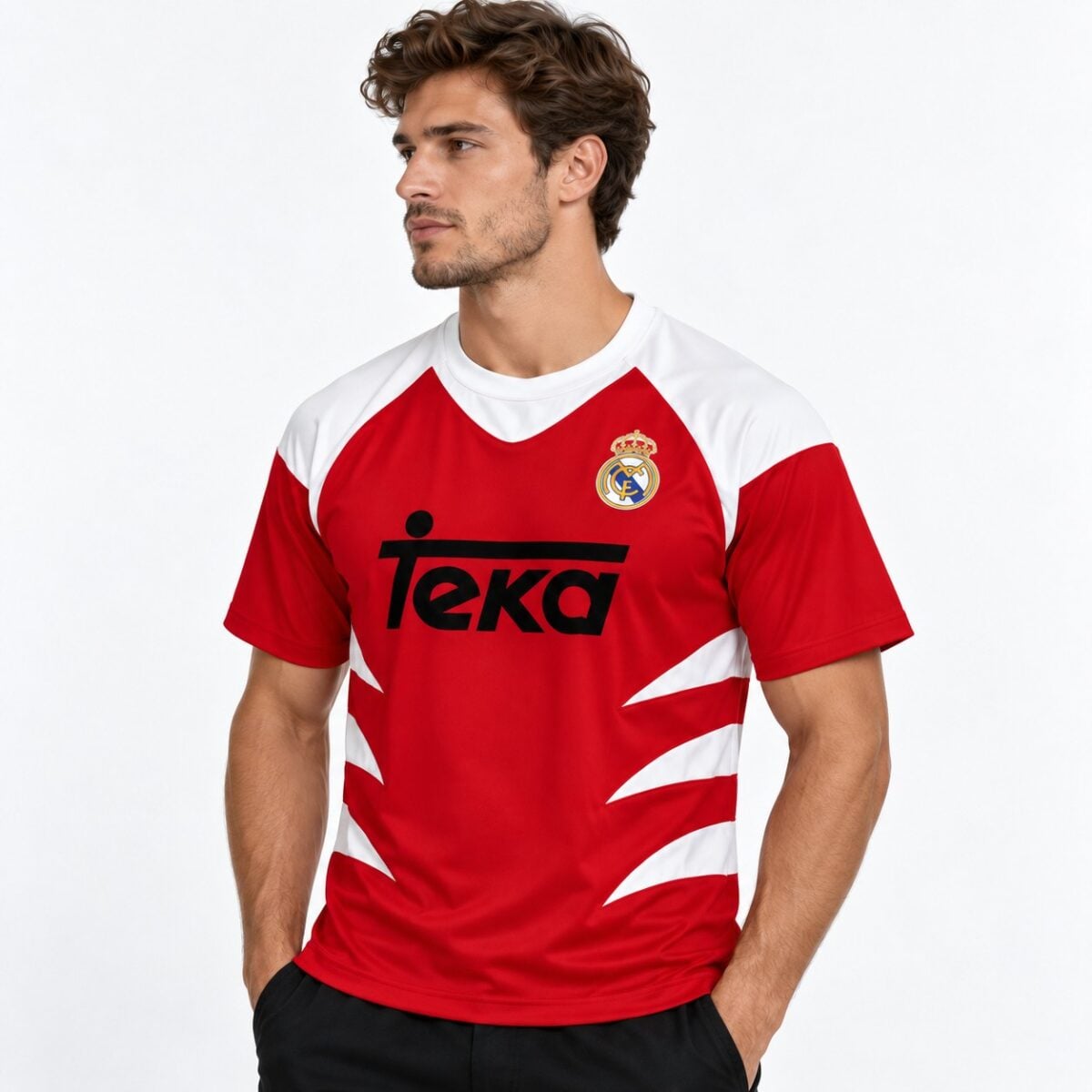 Real Madrid home football jersey with red and white colors and Teka sponsor logo.