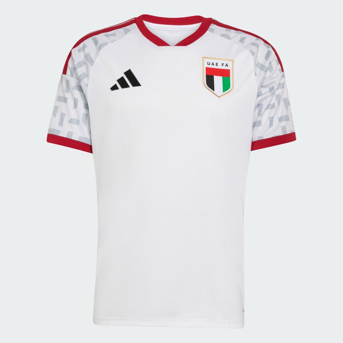 UAE national football team away kit jersey with red and white colors and UAE FA badge.