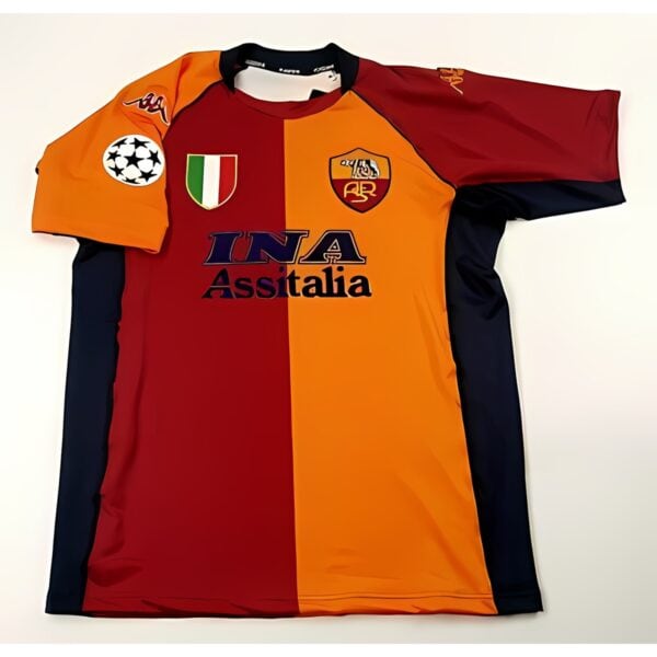 AS Roma home football jersey with red and orange vertical stripes, club crest, and sponsor logo.
