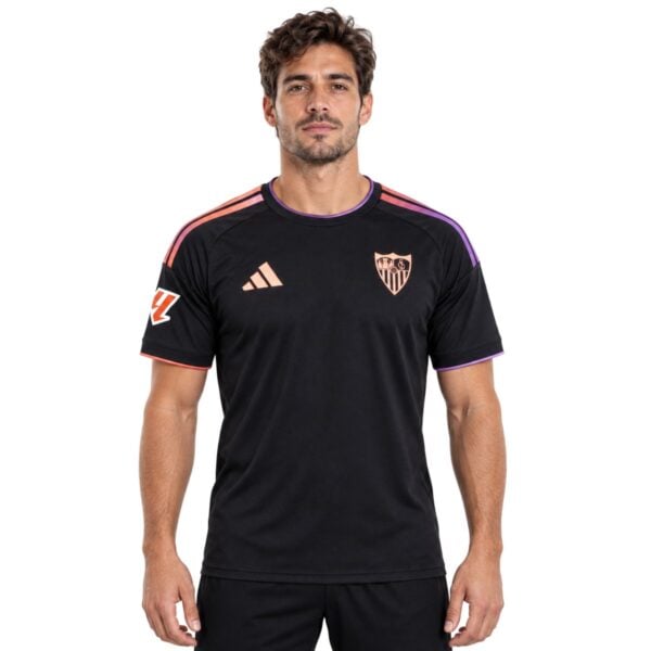 Sevilla Third Jersey 2026/27 front – black shirt with coral and purple gradient stripes