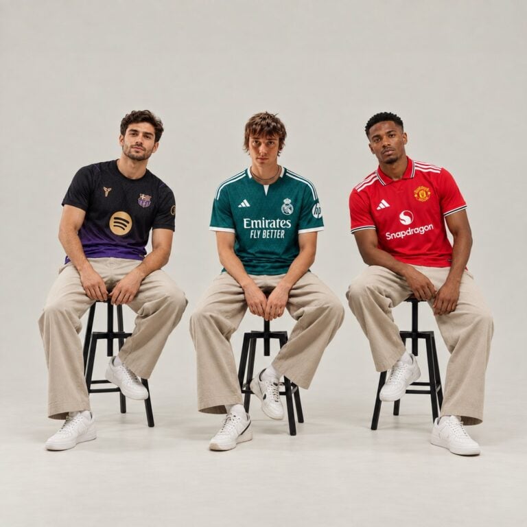 shop-category-football-v3 - UAE SPORT STORE Three men sitting on chairs wearing football jerseys and beige pants.