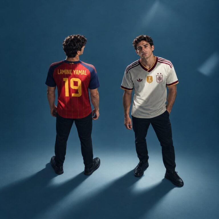 shop-category-national-teams-v3 - UAE SPORT STORE Two men wearing football jerseys, one with Spain national team home kit, the other with club kit.