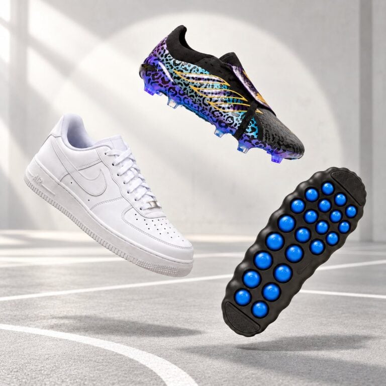 shop-category-shoes-v3 - UAE SPORT STORE White Nike Air Force 1 sneakers and black and blue sports shoes with sole.