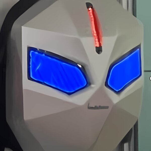 Futuristic white helmet with blue LED eyes and red light on top.