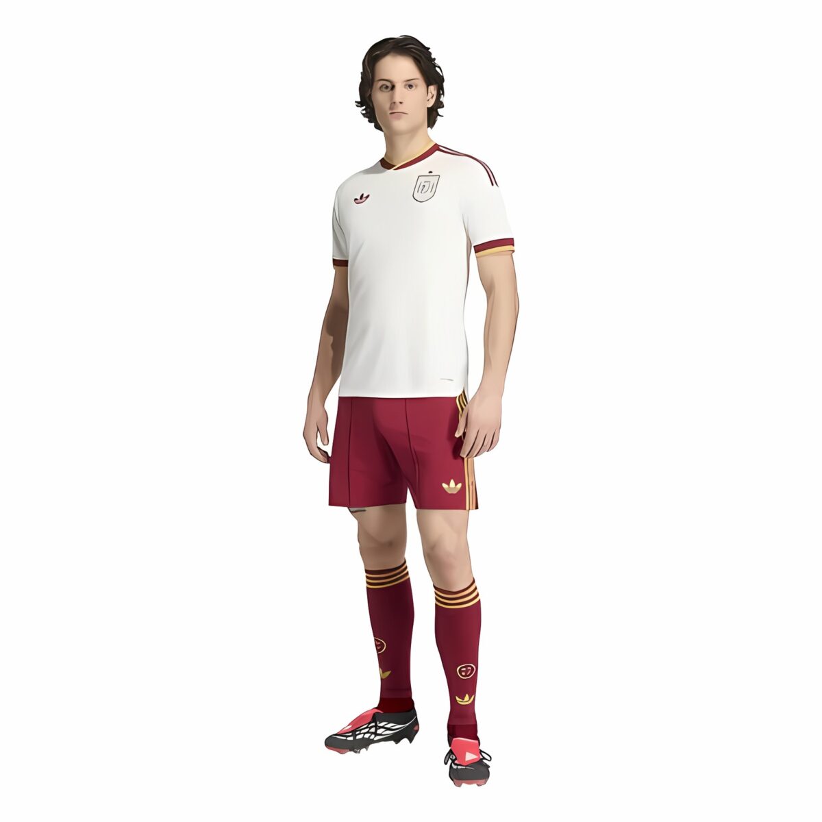 Soccer player in white and maroon national team kit with shorts and socks.