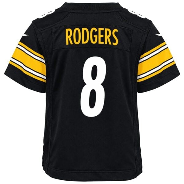 Pittsburgh Steelers Aaron Rodgers home game jersey back view with gold RODGERS nameplate