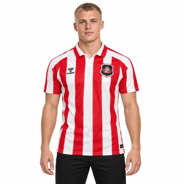 Sunderland Home Jersey 202627 red and white striped shirt front view - UAE SPORT STORE Sunderland Home Jersey 2026/27 red and white striped shirt front view