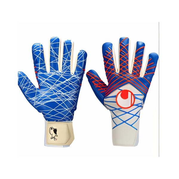 Blue and white goalkeeper gloves with red accents and geometric patterns.
