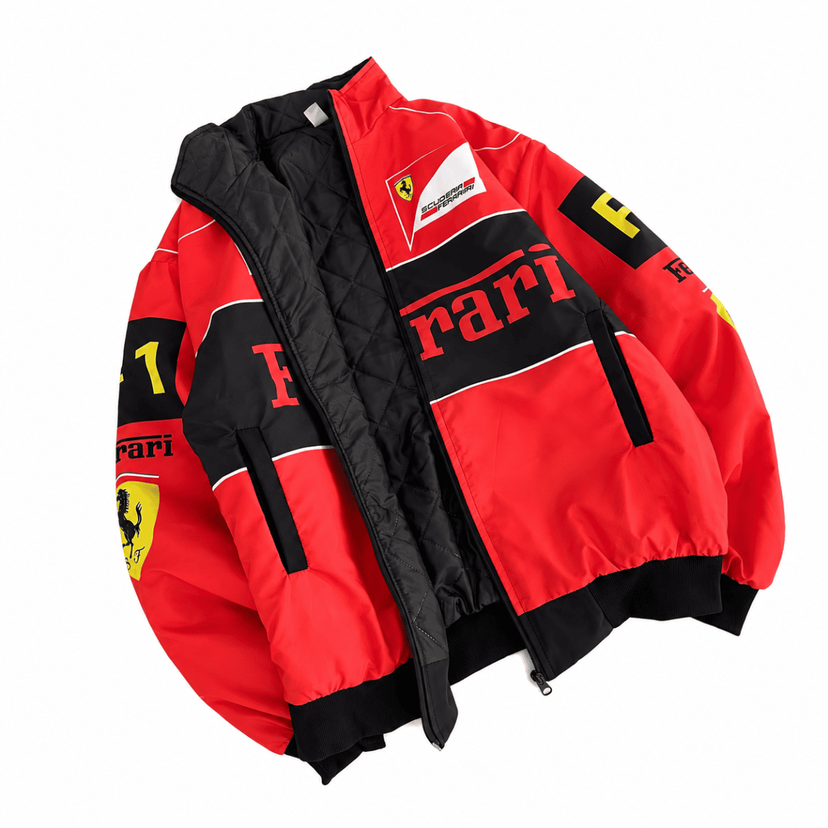 Ferrari team jacket with red, black, and yellow colors and logo details.