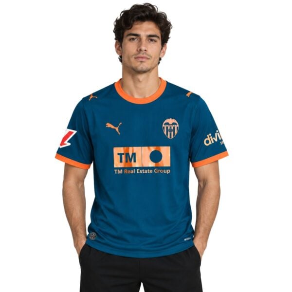 Valencia Away Jersey 202627 front petrol blue shirt with orange collar - UAE SPORT STORE Valencia Away Jersey 2026/27 front – petrol blue shirt with orange collar