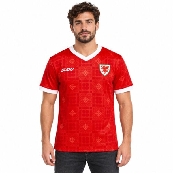 Wales Home Jersey 202627 red with Welsh tapestry pattern front view - UAE SPORT STORE Wales Home Jersey 2026/27 red with Welsh tapestry pattern front view