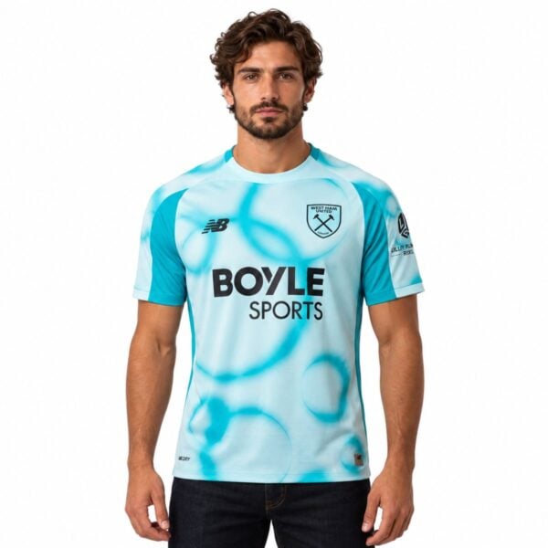 West Ham United Third Jersey 202627 ice blue spray graphic front view - UAE SPORT STORE West Ham United Third Jersey 2026/27 ice blue spray graphic front view