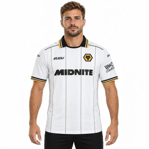 Wolves Away Jersey 202627 white pinstriped shirt front view with gold crest - UAE SPORT STORE Wolves Away Jersey 2026/27 white pinstriped shirt front view with gold crest
