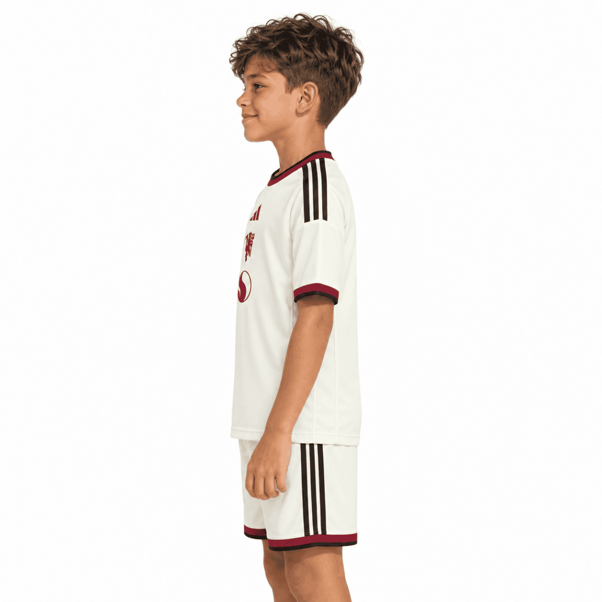 Kids Manchester United third kit 2026/27 in white with black and red accents.