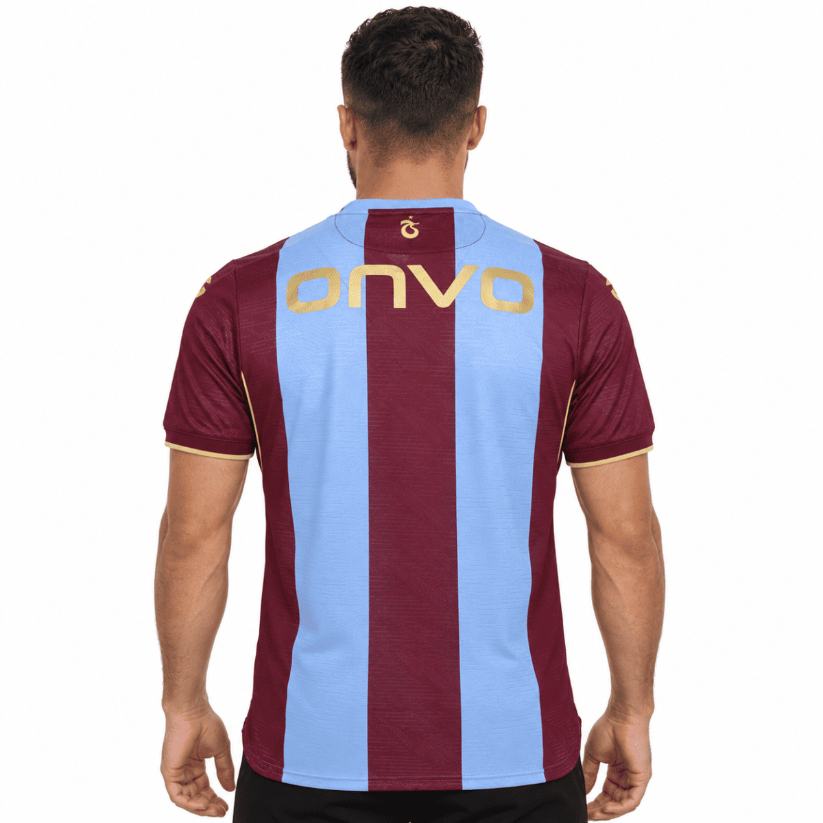 Trabzonspor home football jersey with maroon and light blue vertical stripes.